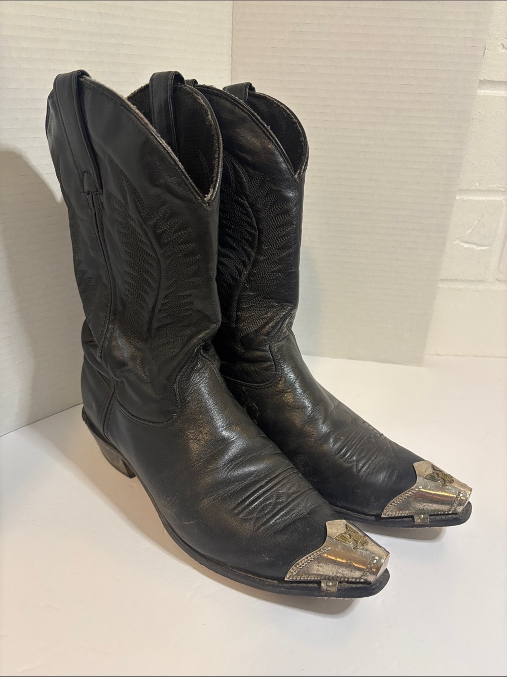 Men’s Texas Brand Black Embroidered Cowboy Western Boots Silver Eagle Toe Caps